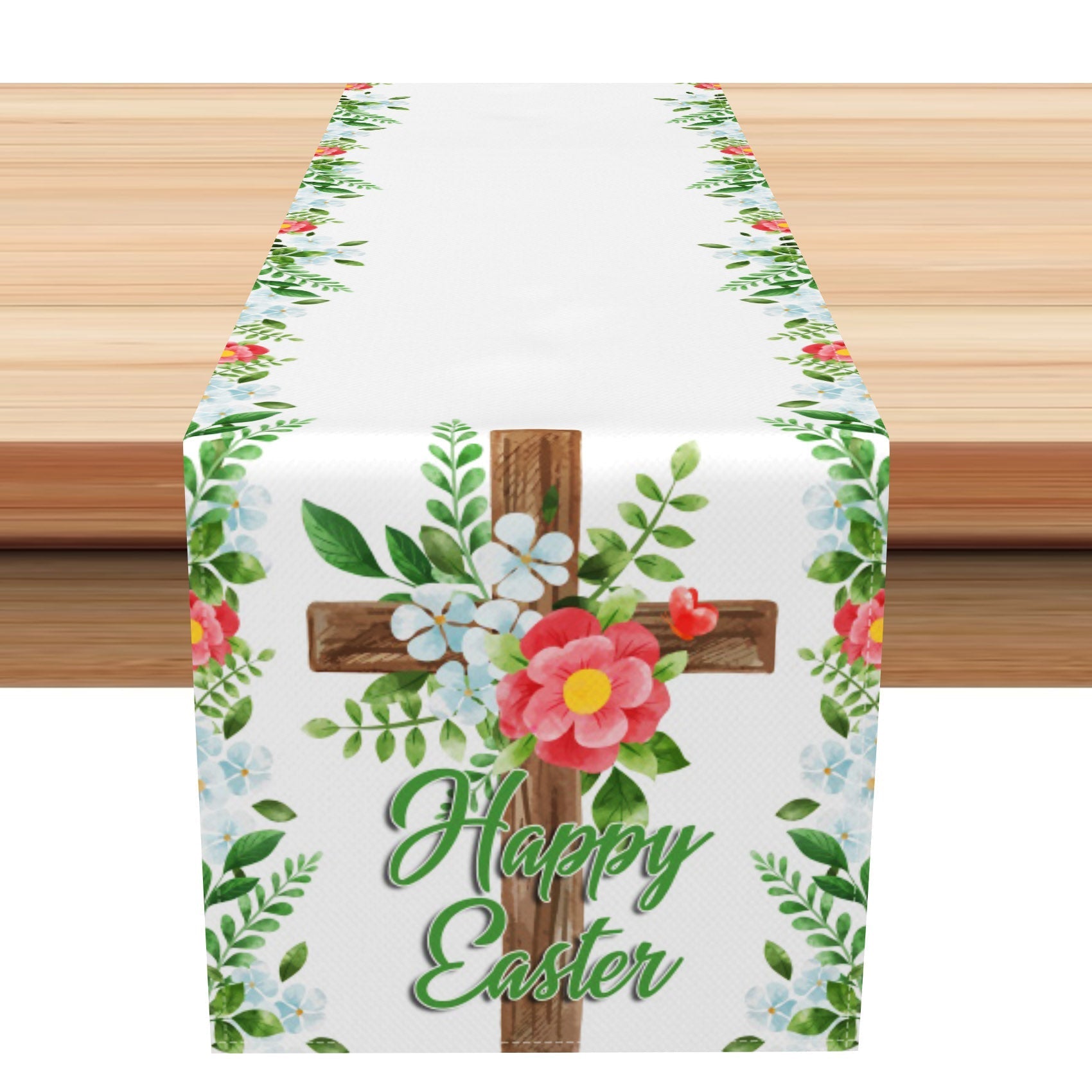 Aperturee - Aperturee Green Leaves Corss Floral Happy Easter Table Runner