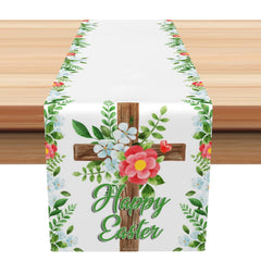 Aperturee - Aperturee Green Leaves Corss Floral Happy Easter Table Runner