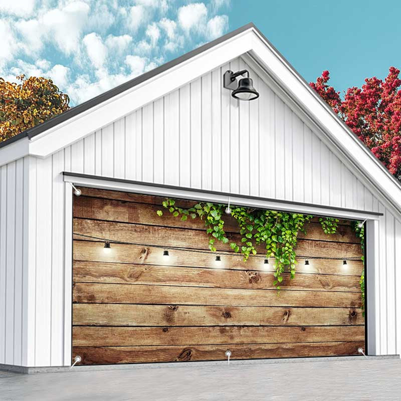 Aperturee - Aperturee Green Leaves Light Brown Plank Garage Door Banner