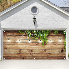 Aperturee - Aperturee Green Leaves Light Brown Plank Garage Door Banner