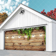 Aperturee - Aperturee Green Leaves Light Brown Plank Garage Door Banner