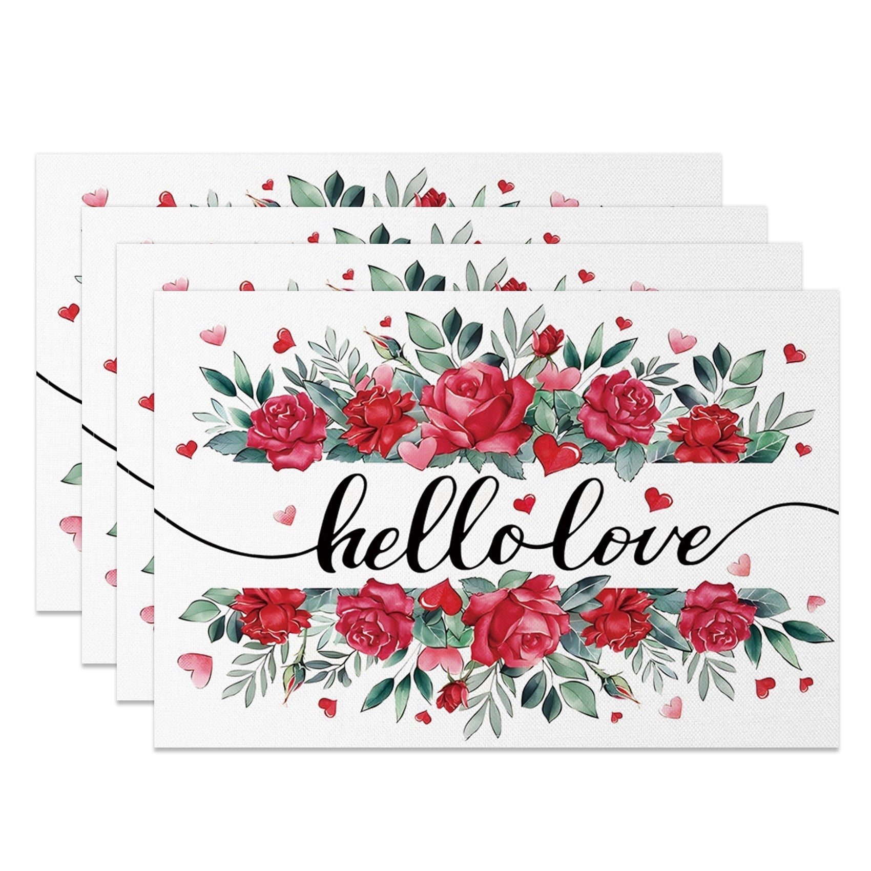 Aperturee - Aperturee Green Leaves Red Rose Hello Love Set Of 4 Placemats