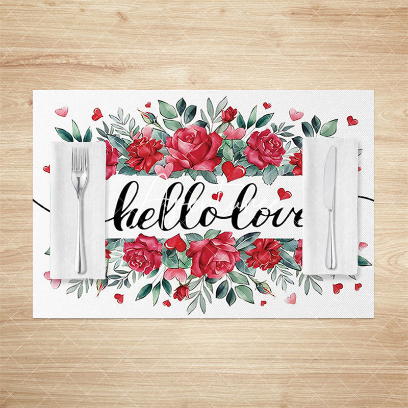 Aperturee - Aperturee Green Leaves Red Rose Hello Love Set Of 4 Placemats