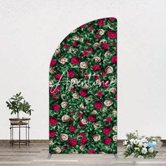 Aperturee - Aperturee Green Leaves Red Rose Wedding Party Half Moon Arch Backdrop