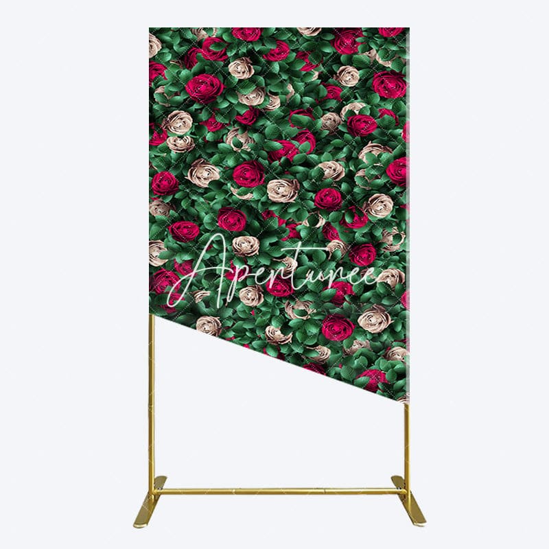 Aperturee - Aperturee Green Leaves Red Rose Wedding Party Rectangle Backdrop