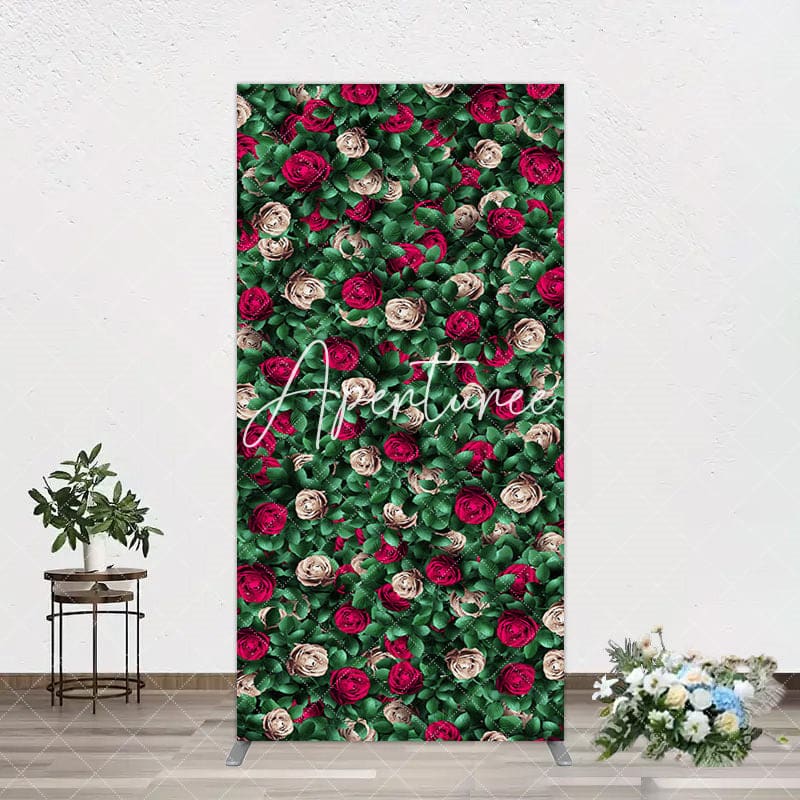 Aperturee - Aperturee Green Leaves Red Rose Wedding Party Rectangle Backdrop