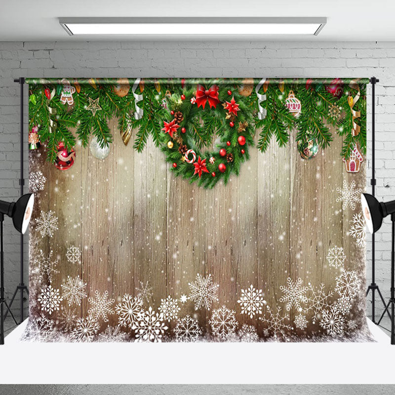 Aperturee - Aperturee Green Leaves Wreath Wood Snowflake Christmas Backdrop