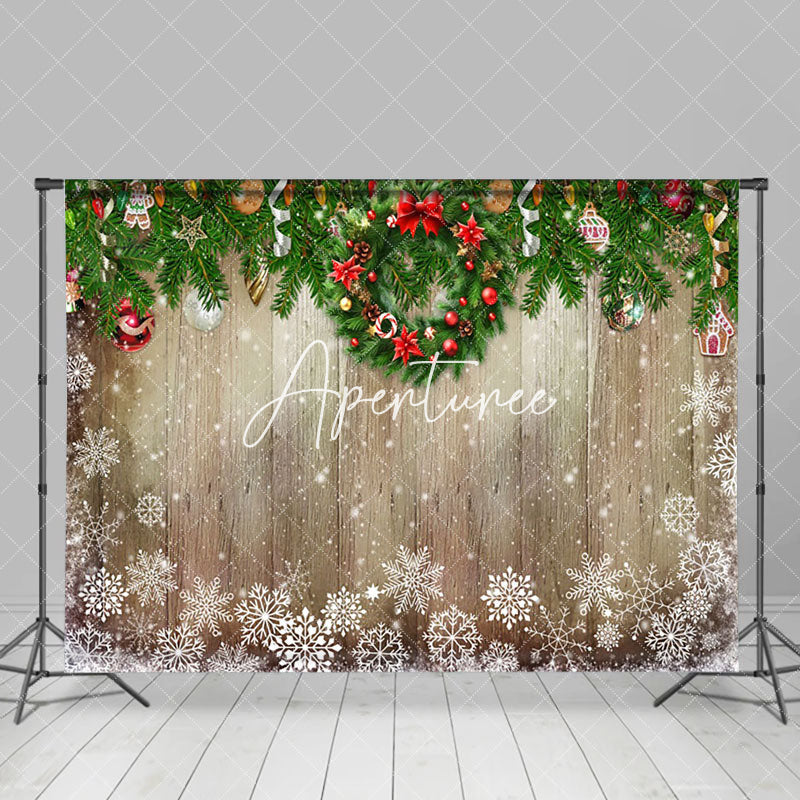 Aperturee - Aperturee Green Leaves Wreath Wood Snowflake Christmas Backdrop