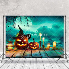 Aperturee - Aperturee Green Mystic Moonlit Witch Pumpkin Halloween Backdrop