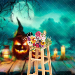 Aperturee - Aperturee Green Mystic Moonlit Witch Pumpkin Halloween Backdrop