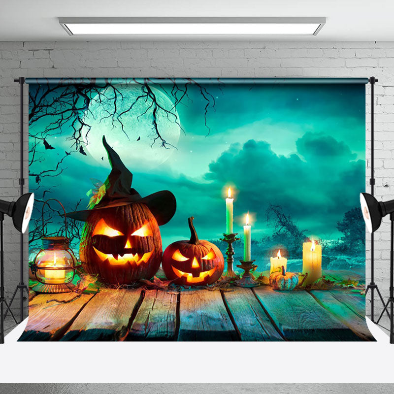 Aperturee - Aperturee Green Mystic Moonlit Witch Pumpkin Halloween Backdrop