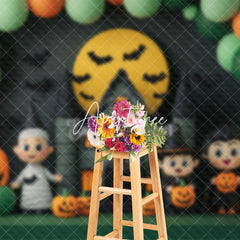 Aperturee - Aperturee Green Orange Balloons Castle Kids Halloween Backdrop