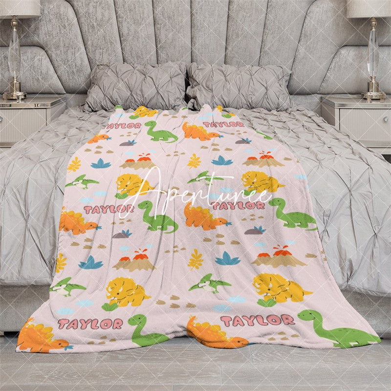 Aperturee - Aperturee Green Orange Dinosaur Custom Name Blanket For Baby