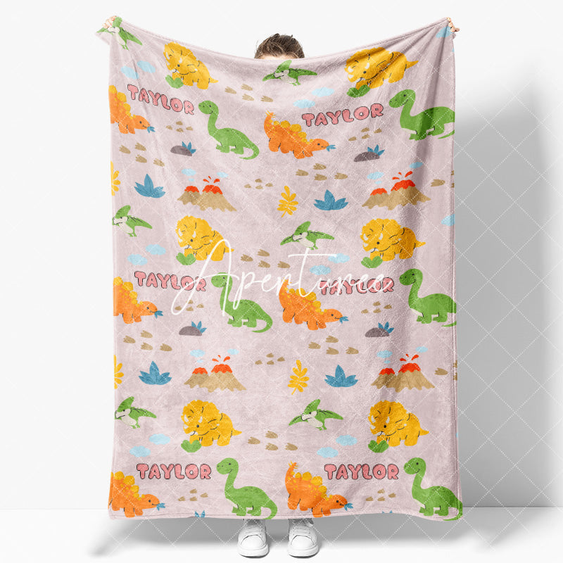 Aperturee - Aperturee Green Orange Dinosaur Custom Name Blanket For Baby