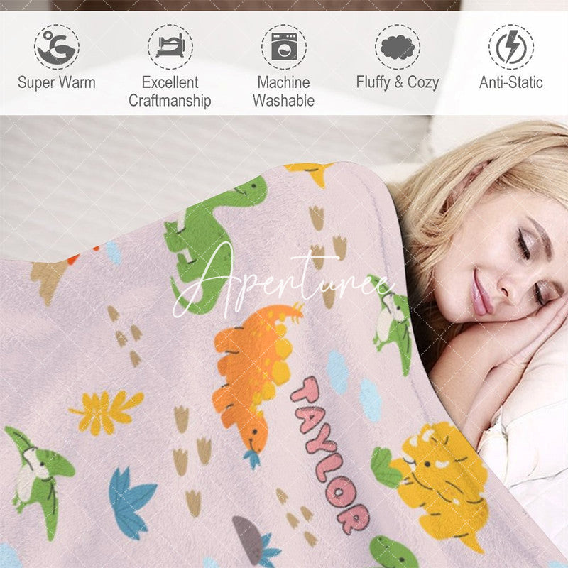 Aperturee - Aperturee Green Orange Dinosaur Custom Name Blanket For Baby