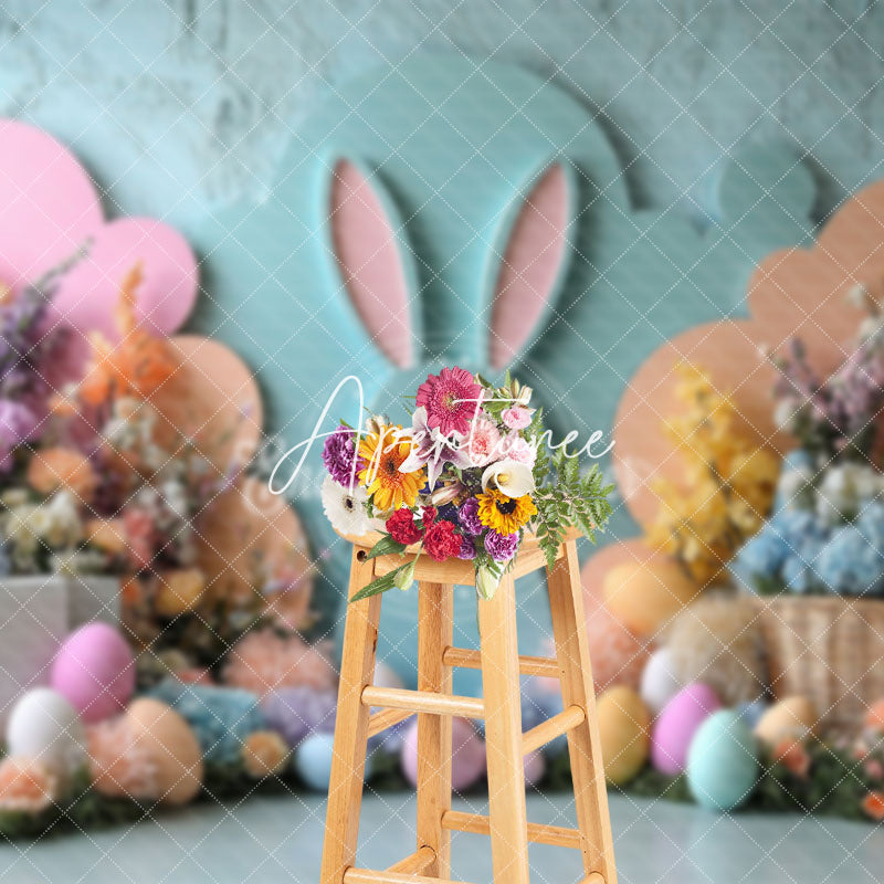 Aperturee - Aperturee Green Orange Wall Bunny Floral Eggs Easter Backdrop