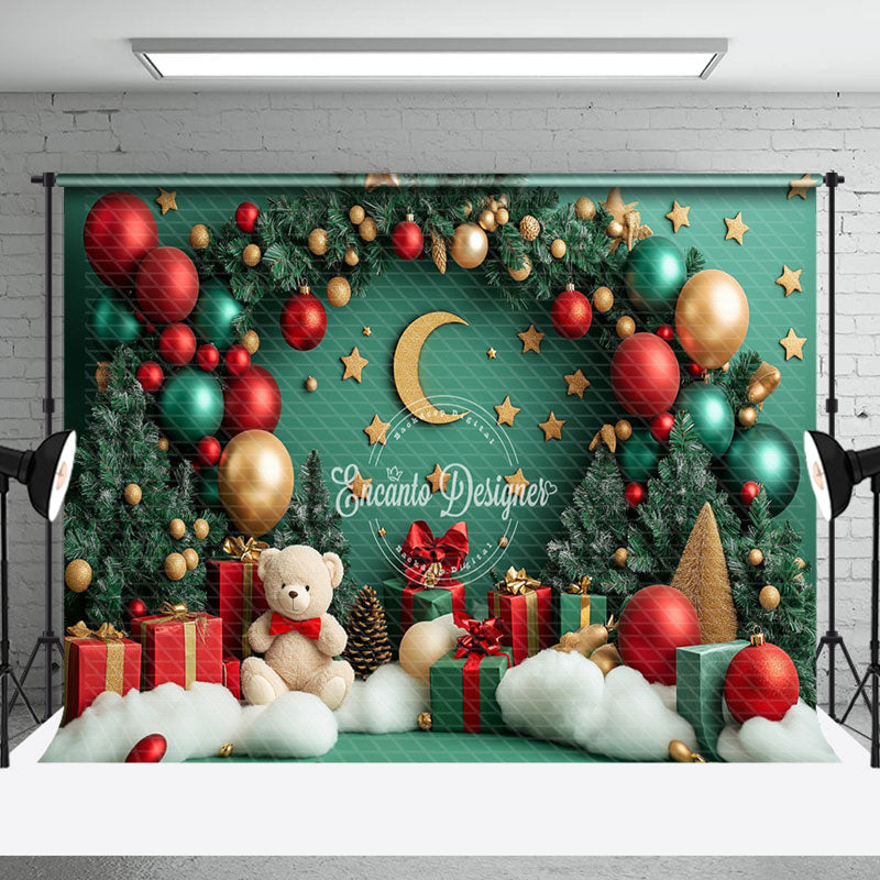 Aperturee - Aperturee Green Pine Leaves Balloons Bear Christmas Backdrop