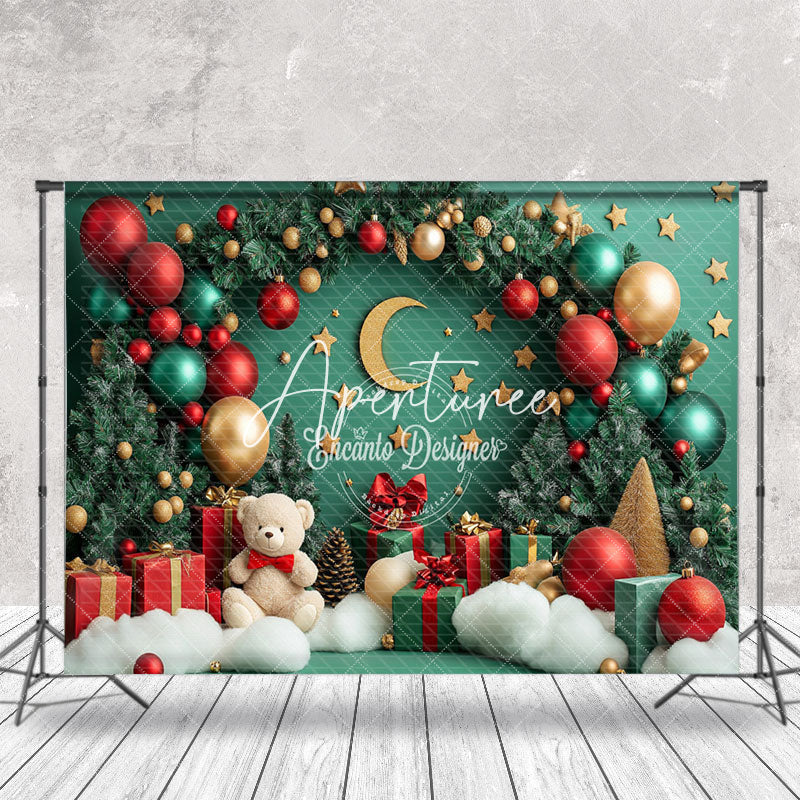 Aperturee - Aperturee Green Pine Leaves Balloons Bear Christmas Backdrop