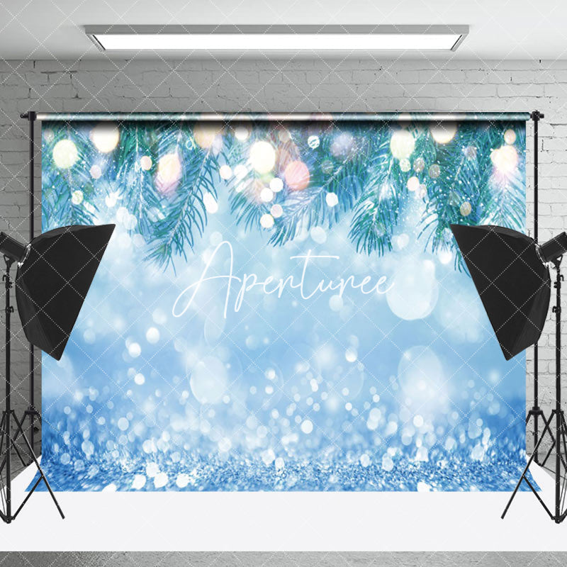 Aperturee - Aperturee Green Pine Leaves Blue Bokeh Merry Christmas Backdrop