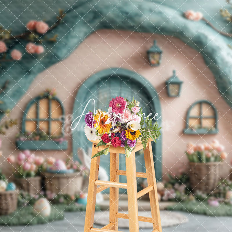 Aperturee - Aperturee Green Pink Bunny Hutch Floral Eggs Easter Backdrop