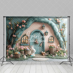 Aperturee - Aperturee Green Pink Bunny Hutch Floral Eggs Easter Backdrop