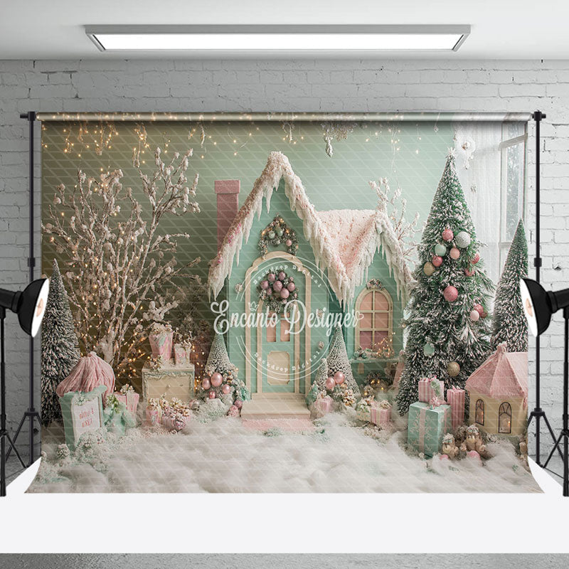 Aperturee - Aperturee Green Pink Snowy Trees Holiday Winter Photo Backdrop