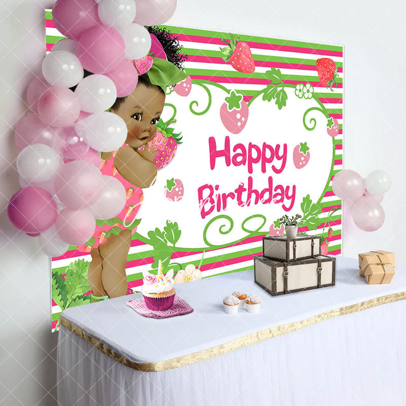 Aperturee - Aperturee Green Pink Stripe Strawberry Girl Birthday Backdrop