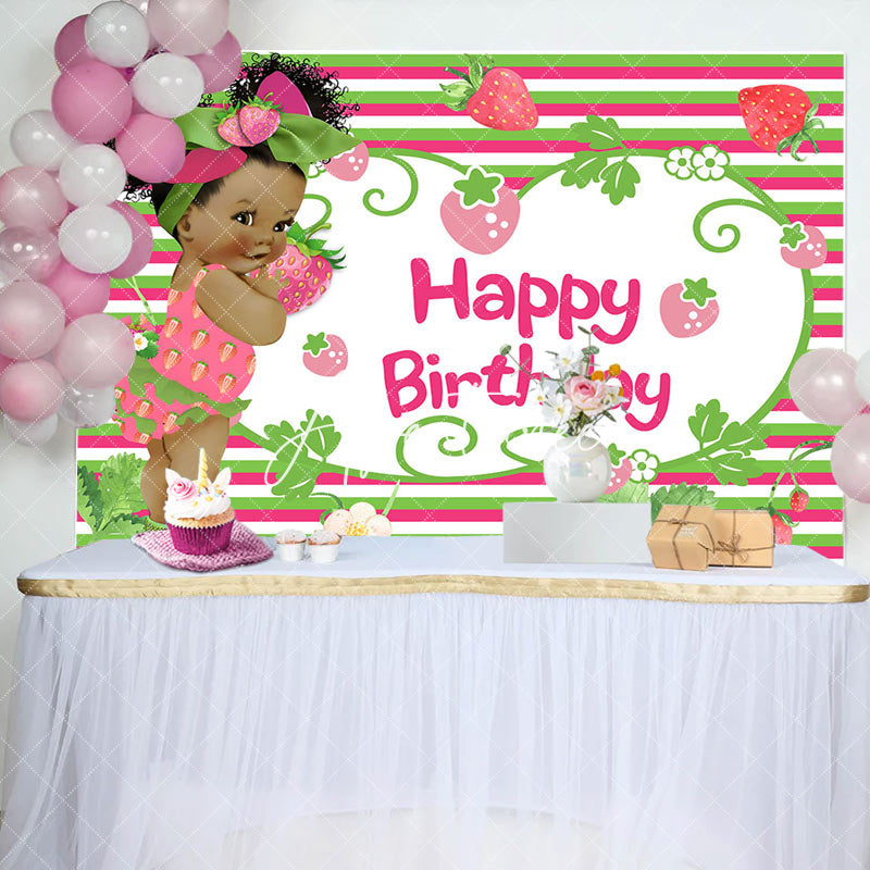 Aperturee - Aperturee Green Pink Stripe Strawberry Girl Birthday Backdrop