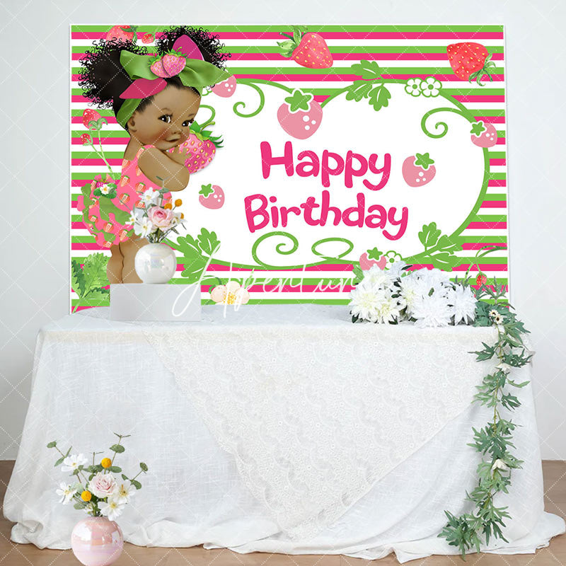 Aperturee - Aperturee Green Pink Stripe Strawberry Girl Birthday Backdrop