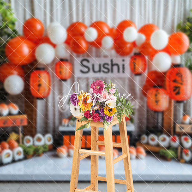 Aperturee - Aperturee Green Plant Balloons Sushi Store Cake Smash Backdrop