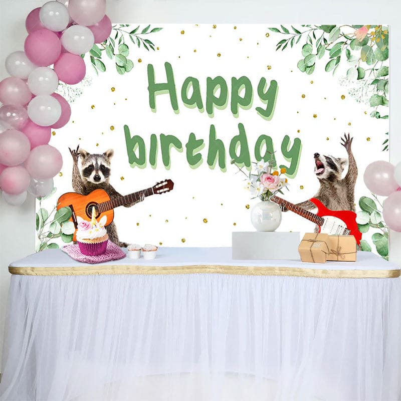 Aperturee - Aperturee Green Plant Guitarist Raccoon Happy Birthday Backdrop
