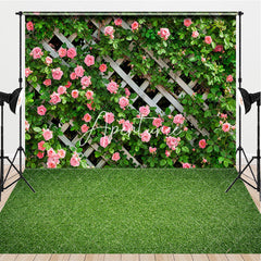 Aperturee - Aperturee Green Plant Pink Floral Fence Combo Set Backdrop