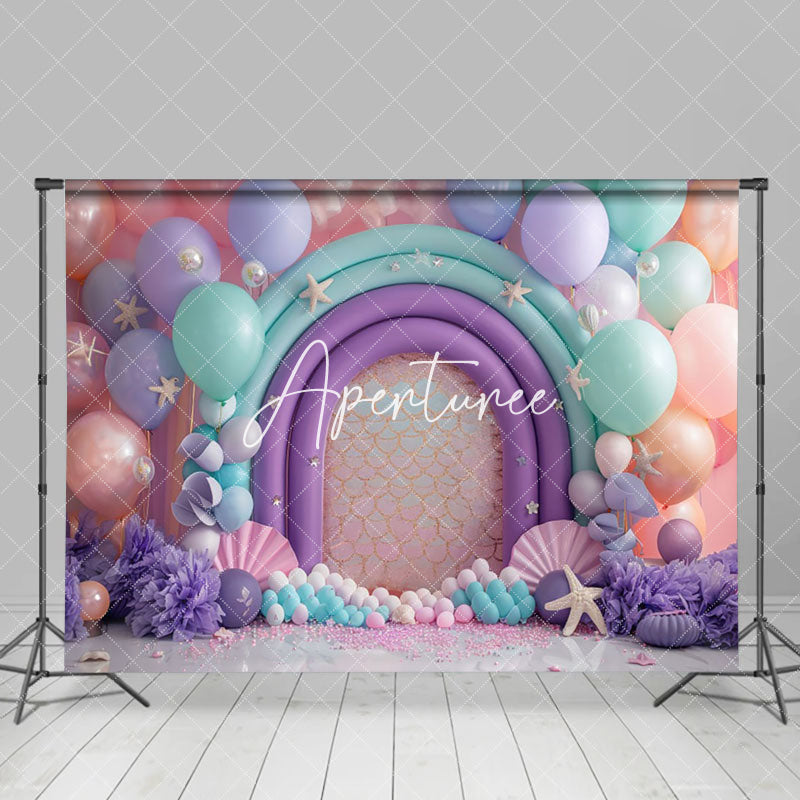 Aperturee - Aperturee Green Purple Balloons Mermaid Cake Smash Backdrop