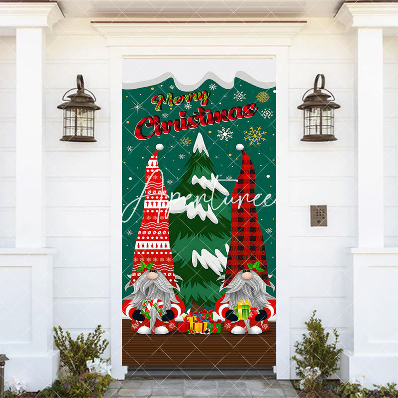 Aperturee - Aperturee Green Red Snowy Christmas Vibe Gnomes Door Cover