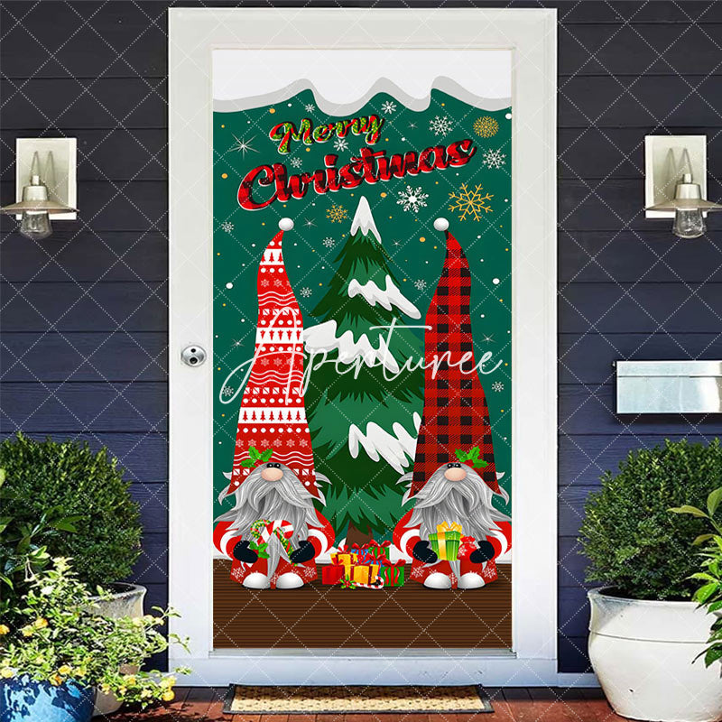 Aperturee - Aperturee Green Red Snowy Christmas Vibe Gnomes Door Cover