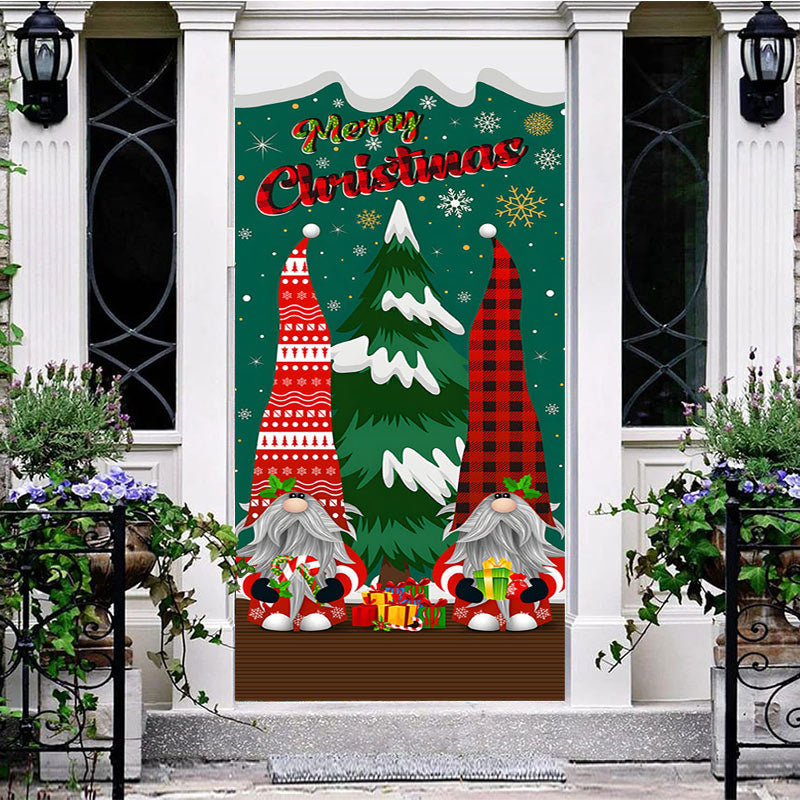 Aperturee - Aperturee Green Red Snowy Christmas Vibe Gnomes Door Cover