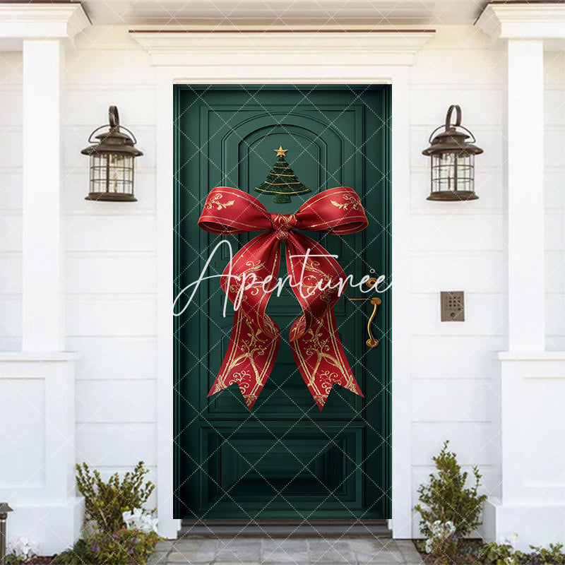 Aperturee - Aperturee Green Retro Door Red Bow Tie Christmas Door Cover