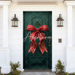 Aperturee - Aperturee Green Retro Door Red Bow Tie Christmas Door Cover