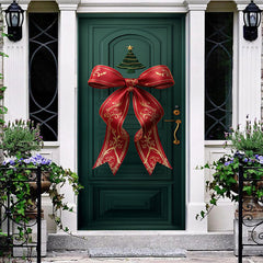 Aperturee - Aperturee Green Retro Door Red Bow Tie Christmas Door Cover