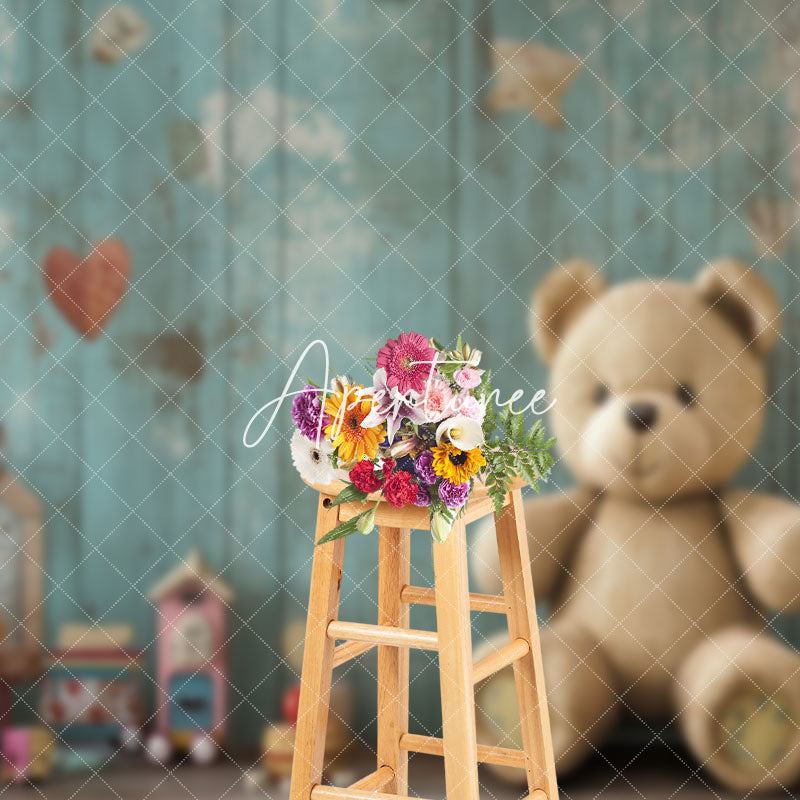 Aperturee - Aperturee Green Retro Wall Toy Bear Cake Smash Photo Backdrop