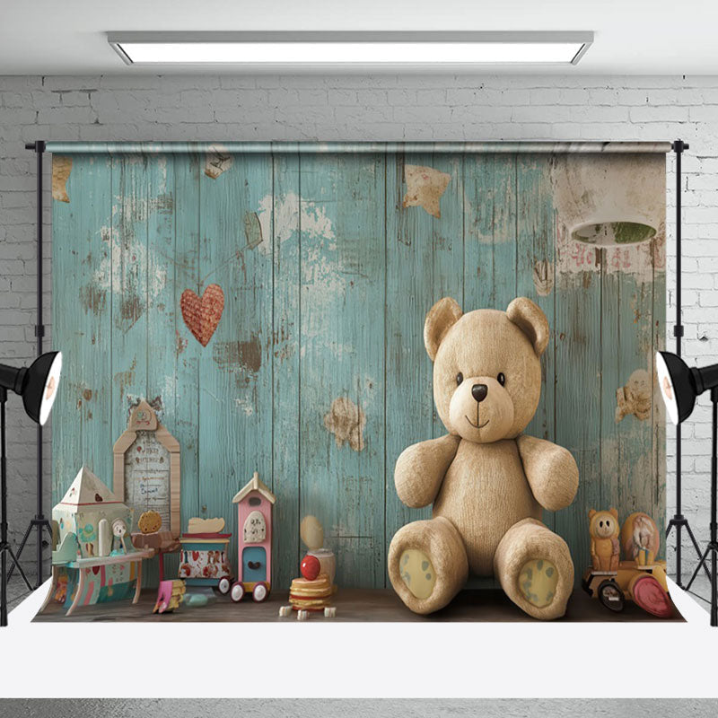 Aperturee - Aperturee Green Retro Wall Toy Bear Cake Smash Photo Backdrop