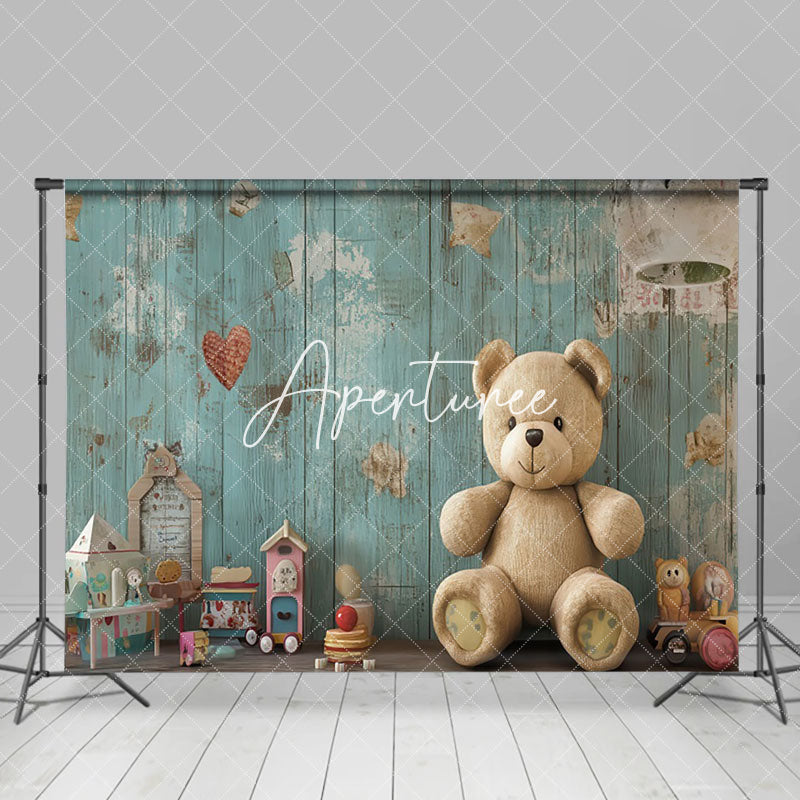 Aperturee - Aperturee Green Retro Wall Toy Bear Cake Smash Photo Backdrop