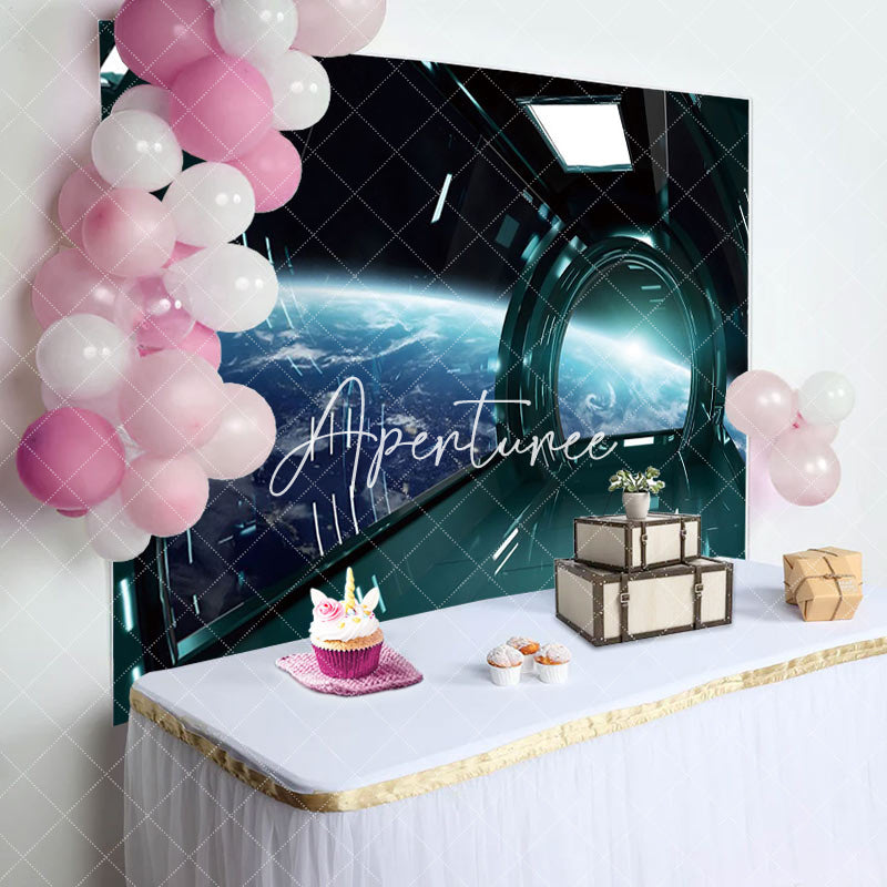 Aperturee - Aperturee Green Spaceship Earth Scene Happy Birthday Backdrop