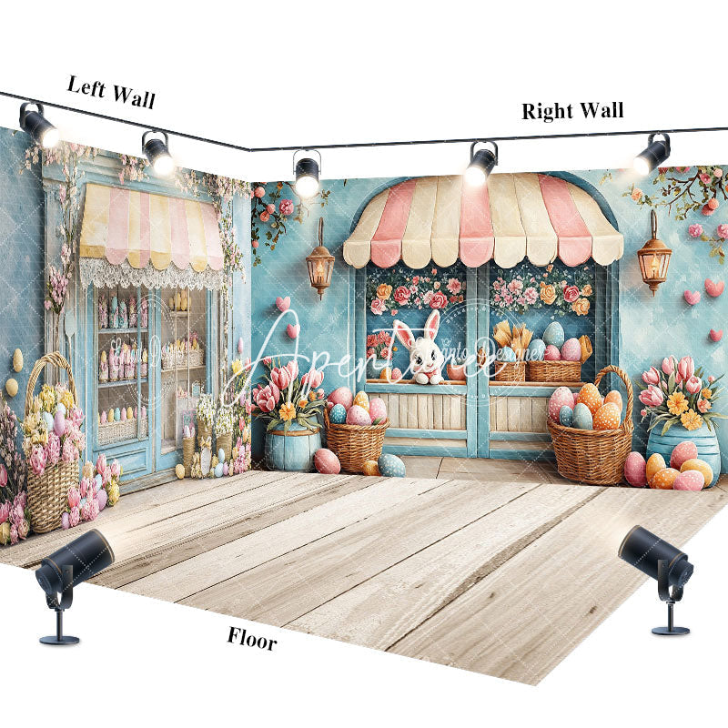 Aperturee - Aperturee Green Store Floral Bunny Egg Easter Room Set Backdrop