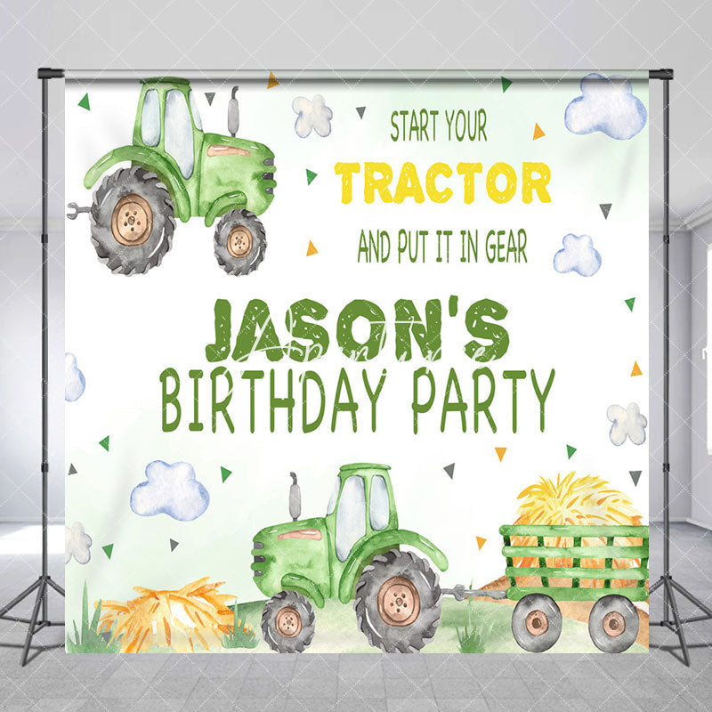 Aperturee - Aperturee Green Tractor Clouds Custom Name Birthday Backdrop