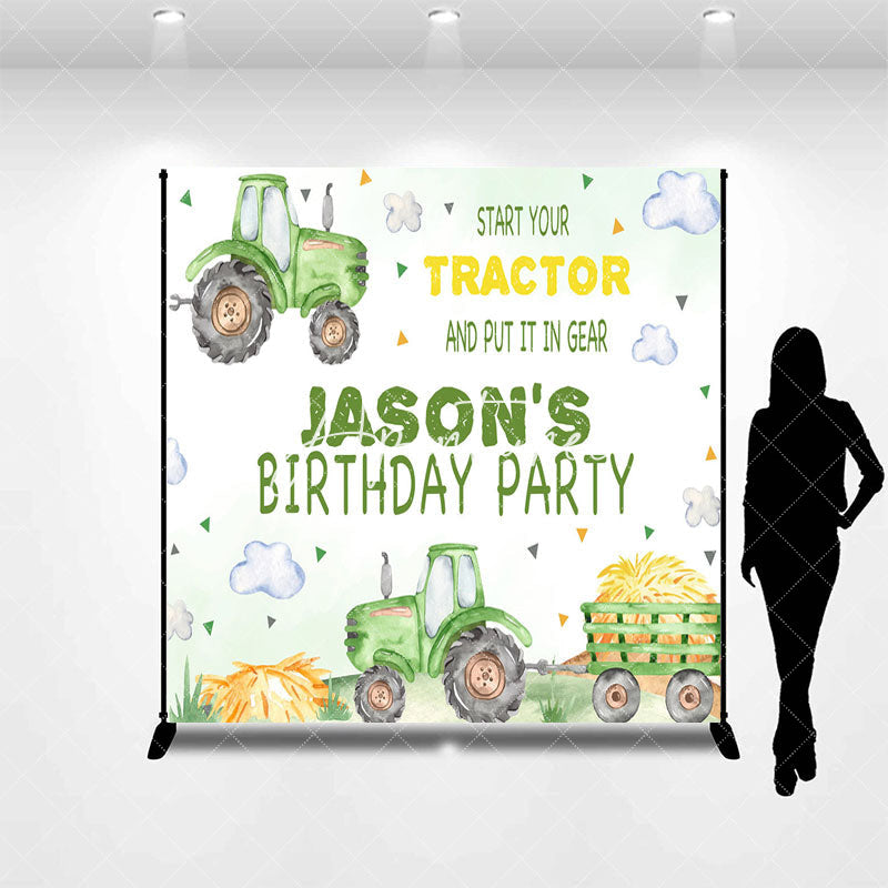 Aperturee - Aperturee Green Tractor Clouds Custom Name Birthday Backdrop