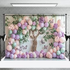 Aperturee - Aperturee Green Tree Color Balloons Floral Cake Smash Backdrop