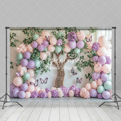 Aperturee - Aperturee Green Tree Color Balloons Floral Cake Smash Backdrop