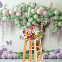 Aperturee - Aperturee Green Tree Floral Butterfly Cake Smash Photo Backdrop