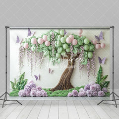 Aperturee - Aperturee Green Tree Floral Butterfly Cake Smash Photo Backdrop